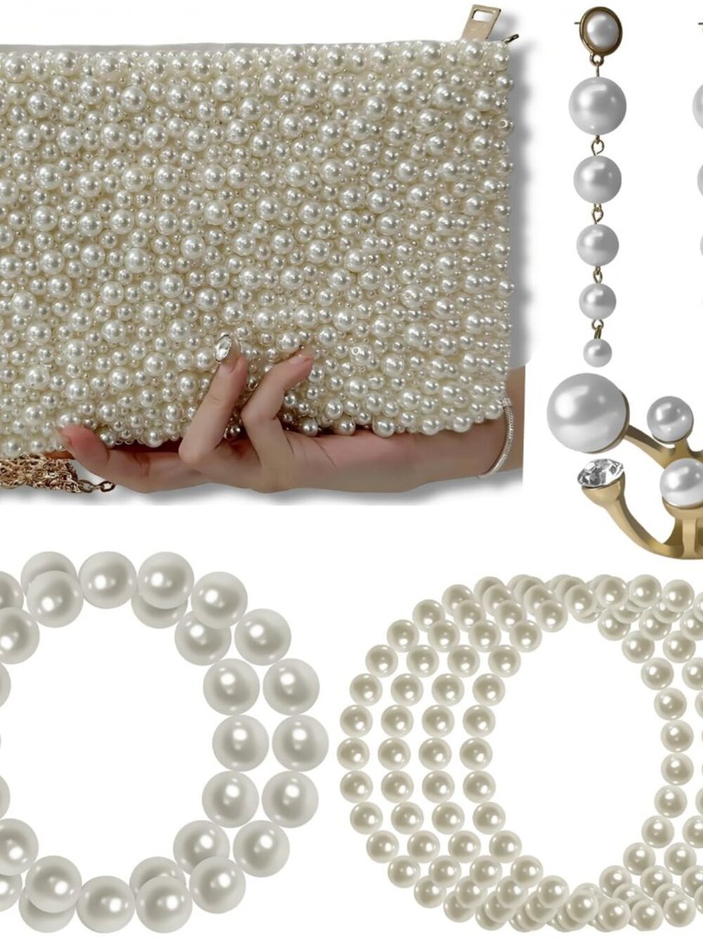 Pearl Purses with Chain, Stacking Rings, Tassel Earrings, Crossbody Beaded Eveni